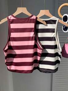 CovetEZ Crew Neck Fitted Short Striped Tank Top For Women - Multicolor - View 2
