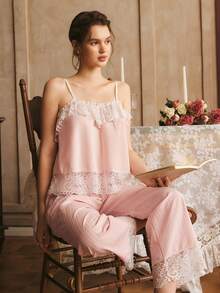 Côtesoire French Elegant Contrast Color Lace Ruffle Trim Comfortable Loose Camisole Pajama Set For Women - Pink - View 1