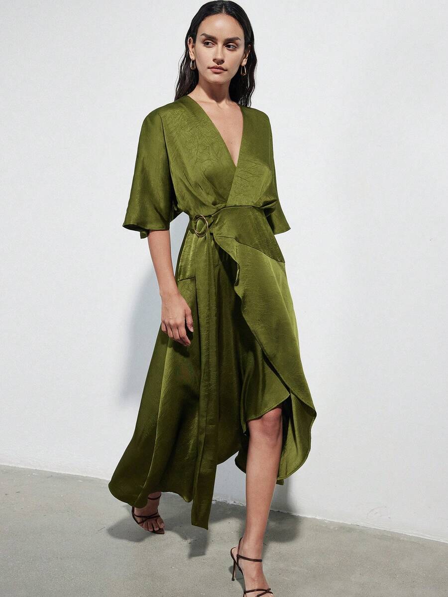 Aveloria Modichic Đầm satin màu xanh ô liu thắt dây chéo, cổ chữ V, tay rộng, vạt bất đối xứng, phong cách tối giản, thanh lịch, thường ngày, dài ngang gối, phù hợp cho việc đi làm trong thành phố. - màu xanh lá - Xem 1