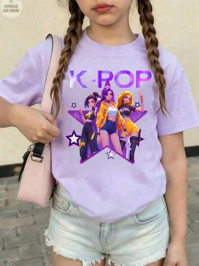 Tween Girls' Casual Letter & Cartoon Graphic Round Neck Short Sleeve T-Shirt, Summer