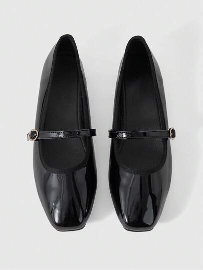 Sleekvia French Patent Leather Single Shoes Women's Flat Bottom 2026 Spring New One-Word Buckle With Mary Jane Shoes Color Matching Black Work Shoes