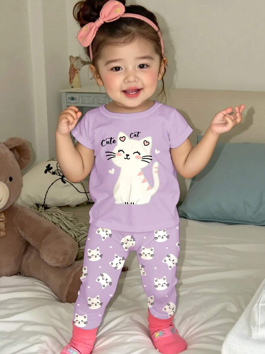Baby Girl Cute Purple Holiday Summer Clothes,Cartoon Animal Cat Print Round Neck Short Sleeve Top And Pants 2pcs Snug Fit Homewear Set,Kids Fashion - Multicolor - View 1