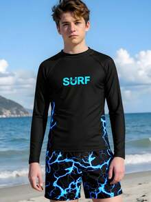 青少年男童泳装，印花长袖针织背心式泳衣搭配泳裤，时尚休闲又不失精致，适合游泳、海滩、泳池、夏季假期等场合。 - 黑色 - 查看 1