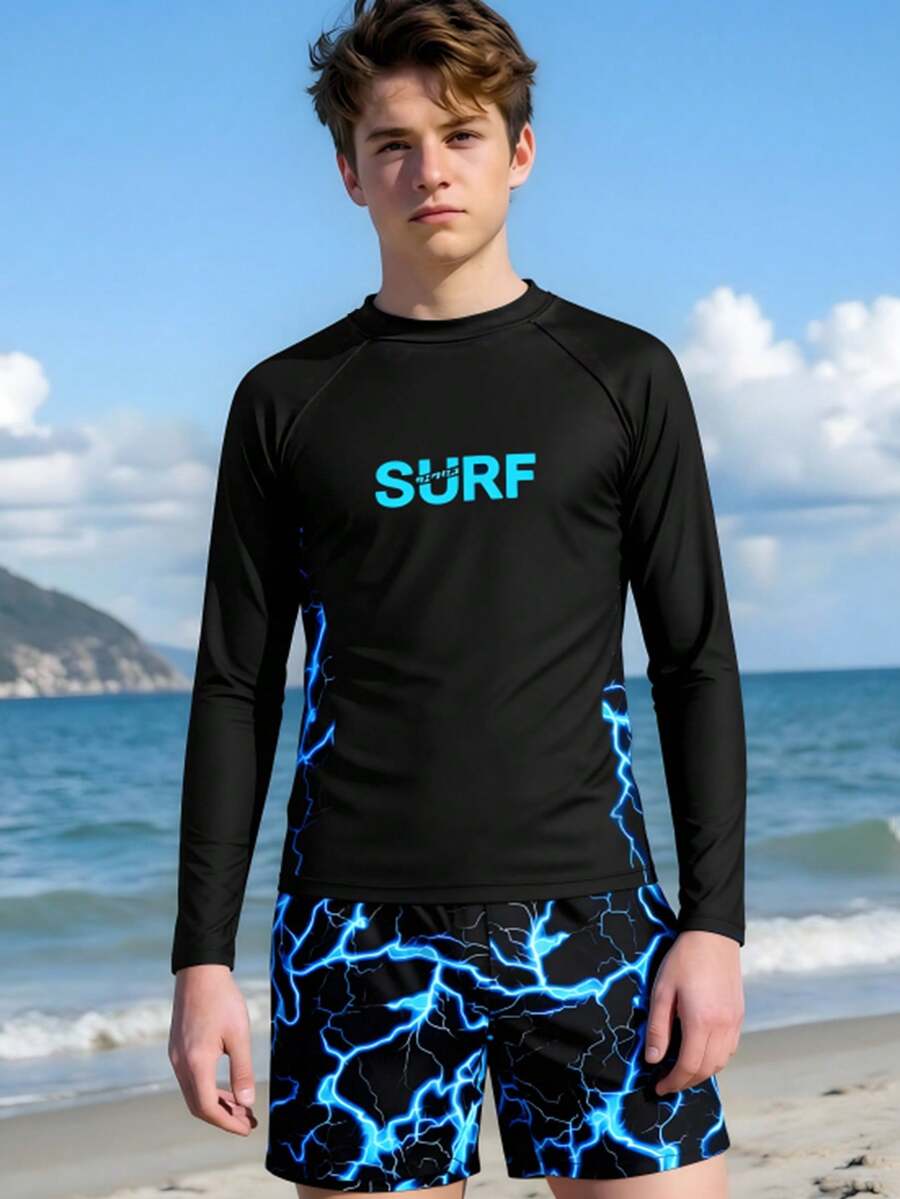 青少年男童泳装，印花长袖针织背心式泳衣搭配泳裤，时尚休闲又不失精致，适合游泳、海滩、泳池、夏季假期等场合。 - 黑色 - 查看 1