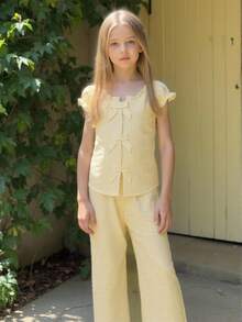 ChillGRL Tween Girls' Summer Fashion Versatile Off Shoulder Round Neck Shirt And Pants Set, Bow Accent Open Cardigan Design, Striped Woven Soft Fabric, Sweet Girl's Choice For Party And Commuting - Yellow - View 3