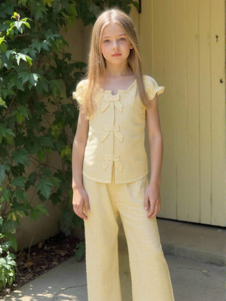 ChillGRL Tween Girls' Summer Fashion Versatile Off Shoulder Round Neck Shirt And Pants Set, Bow Accent Open Cardigan Design, Striped Woven Soft Fabric, Sweet Girl's Choice For Party And Commuting - Yellow - View 1