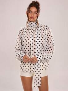 Avenya Polka Dot Chiffon Print Stand Collar Long Tie Shirt - Multicolor - View 1