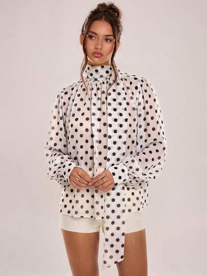 Avenya Polka Dot Chiffon Print Stand Collar Long Tie Shirt