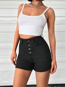SHEIN Women High Waist Button Detail Denim Short - Black - View 3