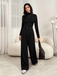 SHEIN Tall Trang phục giáo viên nữ: Quần tây xếp ly màu xám thanh lịch có túi, quần tây thu đông màu xám, quần cạp cao, quần ống rộng, quần dáng suông, quần màu xám công sở, quần ống rộng cho nữ, quần áo mùa thu đông cho nữ, quần áo đi chơi cho nữ. - màu đen - Xem 6