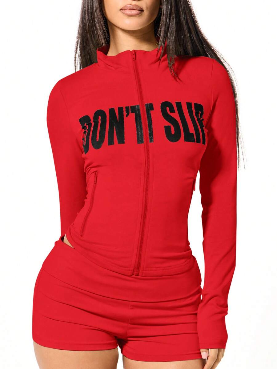 SUMWON WOMEN Sudadera casual ajustada de manga larga con cuello de embudo, cierre y estampado de texto "No resbalar" en color rojo - Rojo - Ver 1