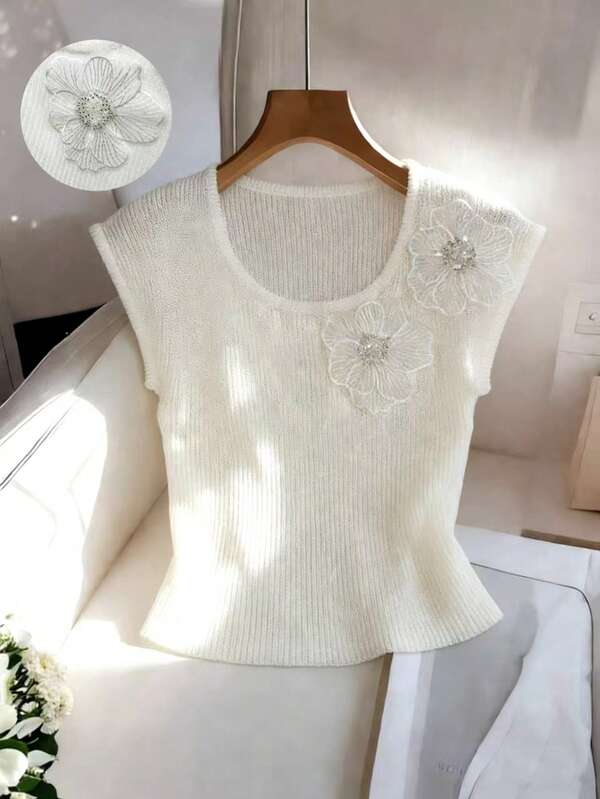 Franclia 女士针织套头毛衣，饰有3D立体花卉图案，优雅休闲百搭，适合春夏穿着，专为女性设计，也适合秋季、复活节、假日、海滩、度假、音乐会、波西米亚风、音乐节、热带度假胜地、外套、秋季休闲派对等场合。