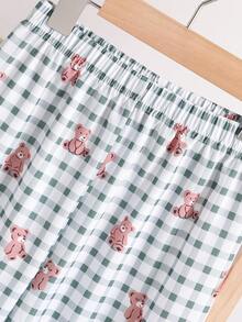 Set pigiama da ragazzo stile coreano casual, maglietta con taschino a quadri con stampa orsetto, pantaloni con stampa orsetti all-over - Verde Oliva - Visualizzare 4