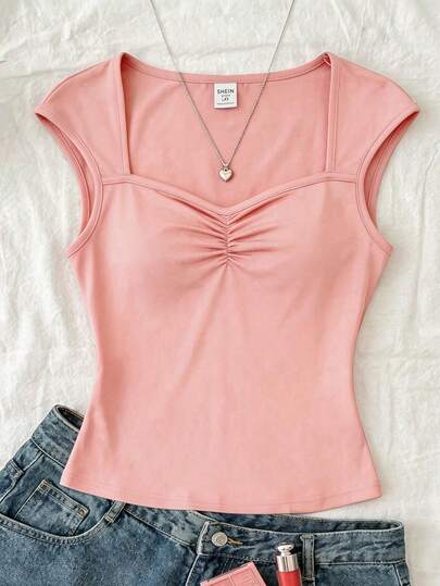 SHEIN Teen Girl Solid Color Ruched Bust Casual T-Shirt, Back To School , Cute, Holiday Family Outdoor Spring Picnic Everyday Wear, Suitable For Various Occasions Cute Top