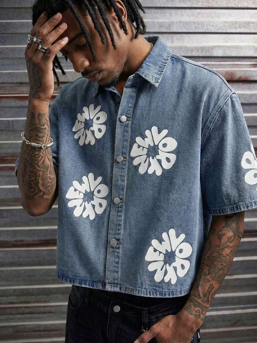 AXEPEAK Men's Washed Printed Casual Shirt, Fashionable Lightweight Shirt