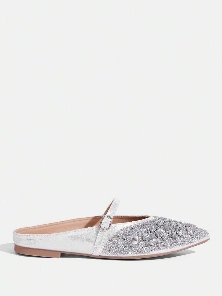 CUCCOO TILAWA Women Shoes Fashion Pointed Flat Bottom Silver Strap Full Diamond Rhinestone Comfortable Commuter Versatile Gorgeous Party Banquet Ladies Flat Bottom Shoes Mule Women's Shoes
