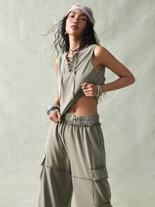 SoleilVie 女士圆领抽绳水洗复古休闲两件套 - 綠色 - 查看 3