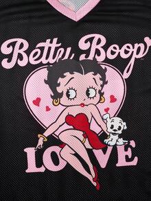 Betty Boop x SHEIN 大码女式V领卡通字母印花休闲百搭日常短袖T恤 - 黑色 - 查看 3