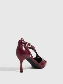 CUCCOO SZL Sapato de salto alto feminino com bico fino, fivela decorativa e cadarço vazado. - Borgonha - Ver 8