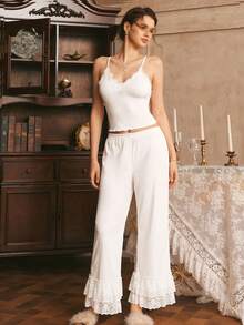 优雅法式性感蕾丝边吊带背心搭配双层荷叶边直筒裤两件套睡衣套装（女士款） - 白色 - 查看 6