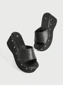 Sugerpunk Dép xăng đan cao gót nữ mùa hè 2026 - Đế chống thấm nước, gót siêu cao 8cm, trang trí đinh tán kiểu xe máy, quai ngang hở ngón. - màu đen - Xem 5