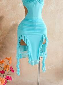 Soleia Đầm nữ lãng mạn, gợi cảm, dây mảnh, cổ chữ V xoắn, khoét eo, xếp ly, vạt bất đối xứng, thích hợp cho bãi biển, bờ biển, gợi cảm, hẹn hò, kỳ nghỉ biển, lễ hội, tiệc trà chiều, mùa cưới. - Màu xanh lam - Xem 5