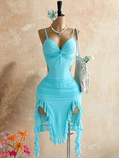 Soleia Đầm nữ lãng mạn, gợi cảm, dây mảnh, cổ chữ V xoắn, khoét eo, xếp ly, vạt bất đối xứng, thích hợp cho bãi biển, bờ biển, gợi cảm, hẹn hò, kỳ nghỉ biển, lễ hội, tiệc trà chiều, mùa cưới.