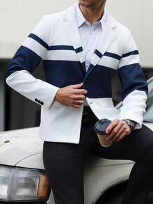 Manfinity Mode 男士撞色单排扣休闲百搭通勤西装外套，搭配海军蓝白条纹衬衫，男士休闲衬衫，蓝白套装，男士商务休闲衬衫，男士撞色衬衫，适合日常休闲、周末旅行、户外活动、探险旅行、轻松的工作环境或半正式场合，可作为男友/丈夫礼物、周年纪念/生日礼物、派对、暑假、婚礼、春夏等场合穿着。 - 白色 - 查看 4
