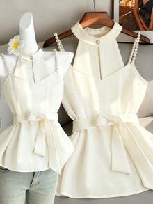 GlowEve Elegant Spaghetti Strap Camisole Top With Pearl Decor, Cinched Waist Design, Slim Fit - Apricot - View 1