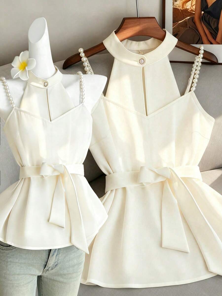 GlowEve Elegant Spaghetti Strap Camisole Top With Pearl Decor, Cinched Waist Design, Slim Fit - Apricot - View 1