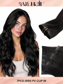 Seamless Clip Ins 100% Real Human Hair Extension 7PCS Seamless PU Clip In Human Hair Extensions Straight 14-22 Inch Natural Black Skin Weft Remy Hair Extensions 110G With Clips - S1B - View 1