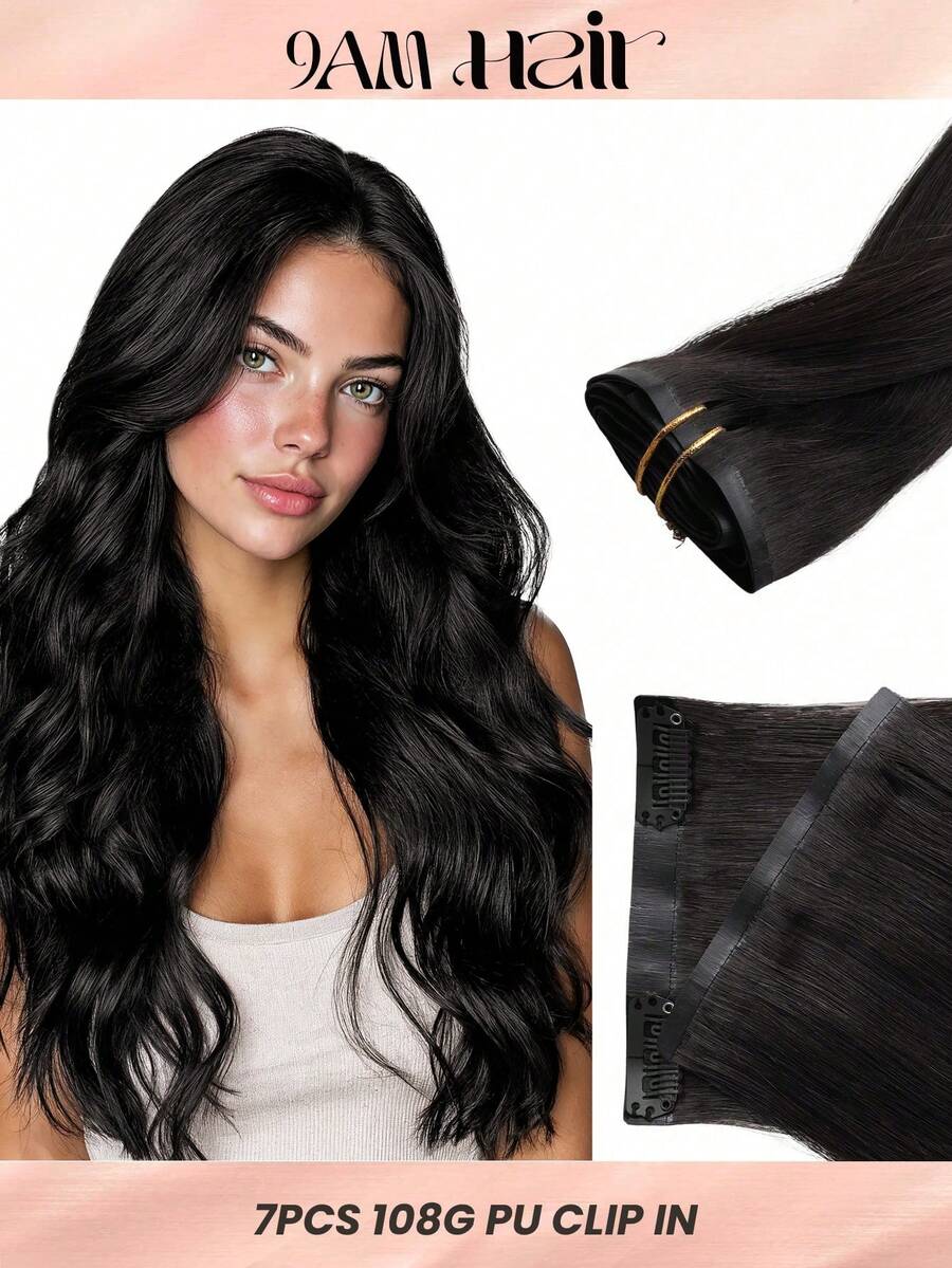 Seamless Clip Ins 100% Real Human Hair Extension 7PCS Seamless PU Clip In Human Hair Extensions Straight 14-22 Inch Natural Black Skin Weft Remy Hair Extensions 110G With Clips - S1B - View 1