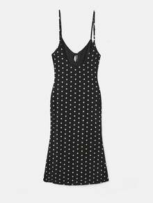 lacRébo Đầm midi ôm dáng in chấm bi đen, chất liệu co giãn, có chi tiết buộc dây phía trước, dây đeo mảnh mai, kiểu dáng nữ tính, dễ thương, phù hợp cho mùa xuân hè theo phong cách Pháp. - màu đen - Xem 7