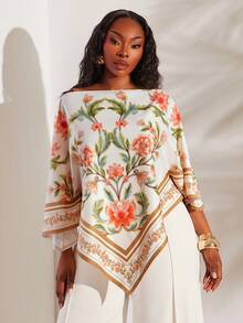 Radiana 大码女式印花不对称下摆休闲百搭日常上衣波西米亚风衬衫大码度假装地中海风情服装大码波西米亚风露肩上衣围巾上衣度假套装女式度假装衬衫女式休闲现代波西米亚风上衣女式露肩罩衫波西米亚时尚女装 - 彩色 - 查看 7