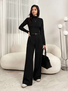 SHEIN Tall Trang phục giáo viên nữ: Quần tây xếp ly màu xám thanh lịch có túi, quần tây thu đông màu xám, quần cạp cao, quần ống rộng, quần dáng suông, quần màu xám công sở, quần ống rộng cho nữ, quần áo mùa thu đông cho nữ, quần áo đi chơi cho nữ. - màu đen - Xem 10