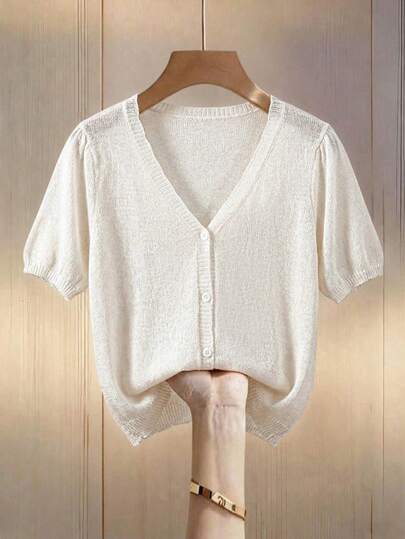 Franclia Women's All-Match Minimalist Fashion Versatile Petal Sleeve Elegant Romantic White Short Sleeve Cardigan