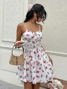 Serisse Vestido Curto Franzido na Cintura com Estampa Floral Miúda Rosa para Férias de Verão, Vestido de Verão Elegante para Férias, Vestido de Férias para Mulheres, Looks de Verão Femininos, Roupas de Resort para Mulheres, Vestido Rosa para Mulheres, Looks de Verão Femininos - Multicolorido - Visão 8