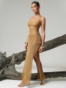 Hauture 女士性感双高开衩露背亮面针织钩编长裙 - 黃色 - 查看 4