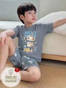 2pcs/Set Young BoyCool Robot Graphic Print Crew Neck Top And Matching Robot Print Leggings Knit Fabric Comfortable Casual Outfit - Multicolor - View 1