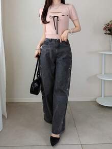 FRIFUL Áo dệt kim tay ngắn thắt nơ phía trước khoét lỗ dành cho nữ - Hồng - Xem 3