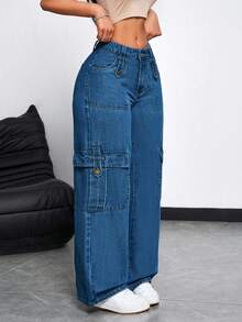 SHEIN Tall Calça jeans cargo casual de perna larga, com bolso inclinado e cor sólida. - Azul - Ver 4