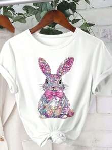 EMERY ROSE Camiseta de mujer de manga corta, cuello redondo, suave, con estampado de parches de diamantes de imitación de colores y de conejo, adecuada para uso diario, vacaciones y tiempo libre - Blanco - Ver 2