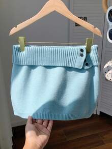 Comfortcana Váy len dệt kim gân màu xanh nhạt trơn dành cho nữ, kiểu Hàn Quốc, thích hợp cho mùa thu/đông. - Màu xanh nhạt - Xem 7