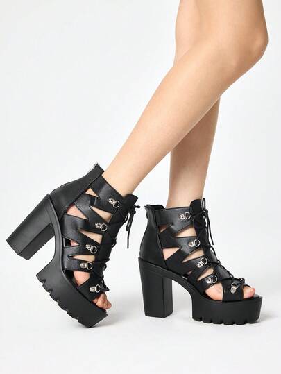 ROMWE Grunge Punk 2026新款时尚朋克风深色PU尖头粗跟凉鞋，防水厚底性感超高跟夜店罗马角斗士凉鞋，女士春秋季款