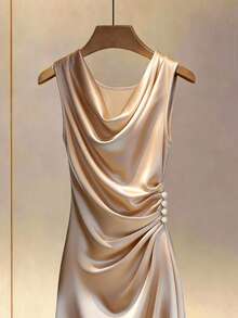 GlowEve Abito elegante senza maniche a linea A, con collo drappeggiato, vita arricciata, in tessuto liscio di colore champagne, adatto per compleanni, appuntamenti, feste, San Valentino, Festa del Lavoro, Pasqua, ritorno a scuola, lavoro, viaggi, estate - Champagne - Visualizzare 3