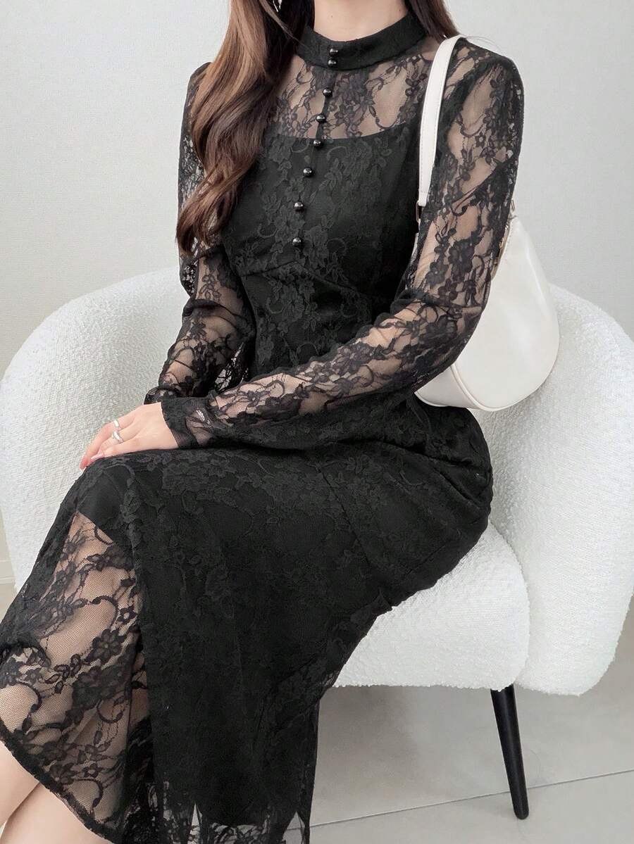 FRIFUL Women's Round Neck Full Lace Fabric Decor Waist Cinched Sexy Long Dress Sun Dresses For Women - Black - View 1