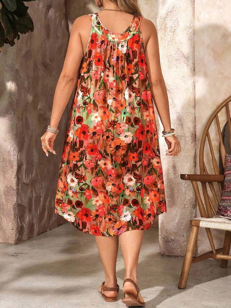 Plus Size Women's Summer Casual Vacation Floral Print Round Neck Sleeveless Dress ,Women Summer Dresses, Plus Plus Size Hawaiian Dress ,Summer Floral Dress,Spring Break Outfits ,Vacation Outfits Women ,Holiday Outfits For Women,Going Out Outfits,2026 New Clothes,Simple And Fashionable For Everyday Wear,  Sleeveless Summer Dress, Floral Print Sundress, Women Summer Dresses Plus