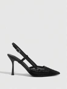 CUCCOO SZL Women's Pointed Toe High Heel Black Mesh Rhinestone Embellished Fashionable Sexy Glamorous Party Occasion Stilettos With Ankle Strap Spring Shoes - Black 2 - View 3
