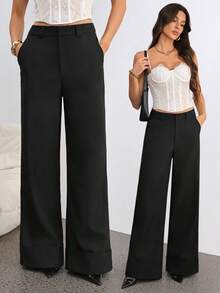 SHEIN Tall 女士浅杏色纯色斜纹布纽扣口袋简约低腰长裤，适合通勤、休闲、时尚外出、复古风、办公穿着、冬季女裤、阔腿裤、休闲裤 - 黑色 - 查看 2