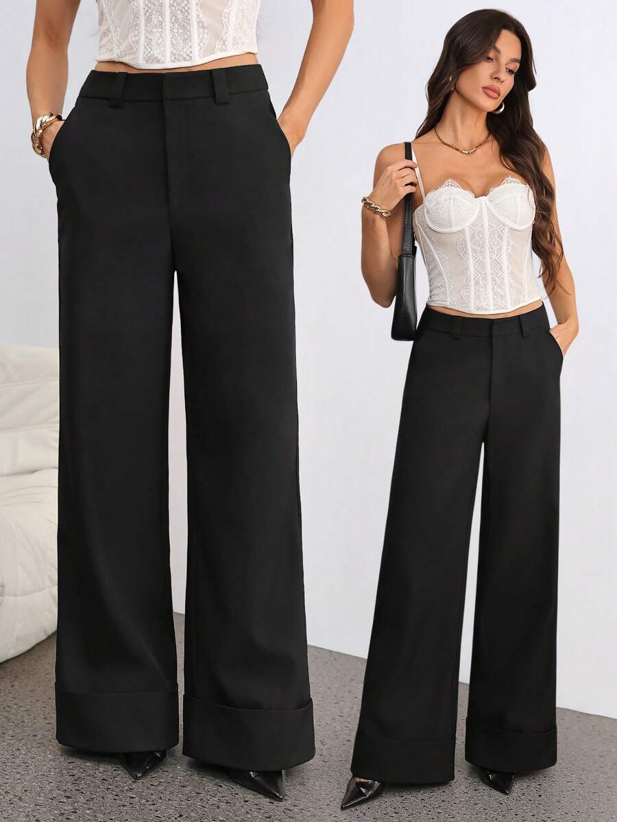 SHEIN Tall 女士浅杏色纯色斜纹布纽扣口袋简约低腰长裤，适合通勤、休闲、时尚外出、复古风、办公穿着、冬季女裤、阔腿裤、休闲裤